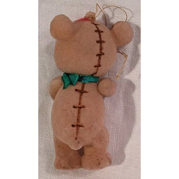 2 Flocked Bears Christmas Ornaments Kitschy Fuzzy Anthropomorphic Teddy Set Vtg - Picture 4 of 12